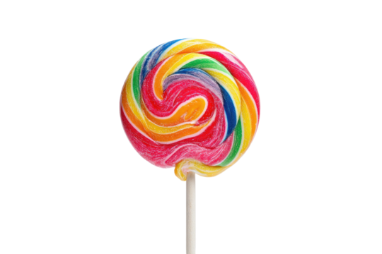 Colorful, spiral-striped confection on a white stick against a solid black background