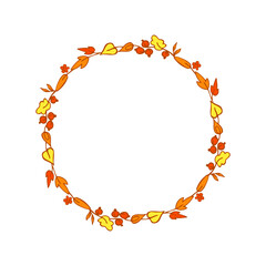 Leaves, twigs and flowers made into an autumn wreath, shades of orange. Simple colored sketch