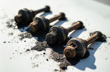 Dirty engine valves covered in soot and oil on white surface. Used automotive parts with grime and carbon deposits. Valves are metal with visible wear and tear. Isolated on white background.