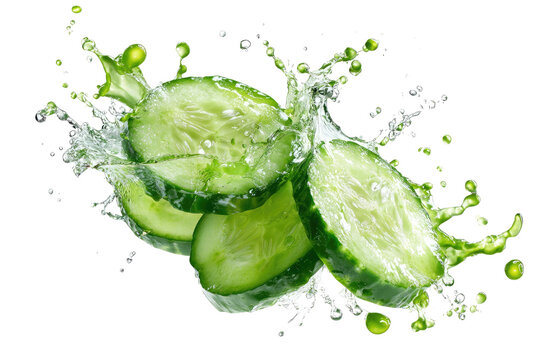 Refreshing slices of crisp green vegetable with a splash of water and droplets