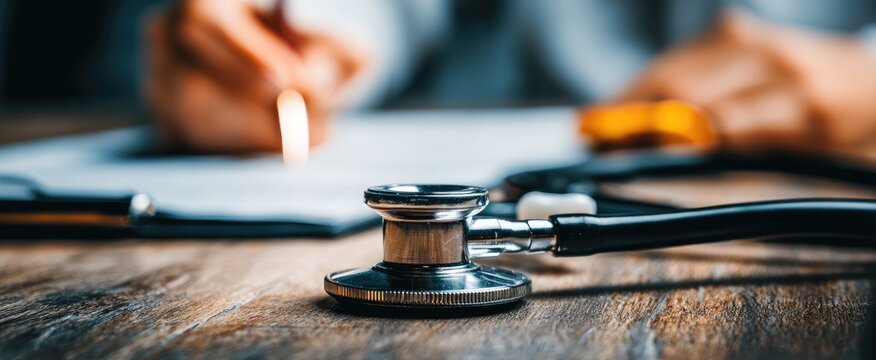 A stethoscope rests on a wood desk, with a doctor writing on a document in the background