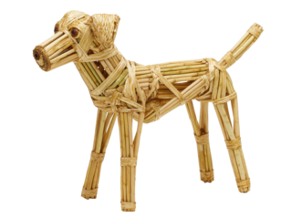 A handcrafted dog sculpture made of straw-like materials. The dog stands on four legs with tail up