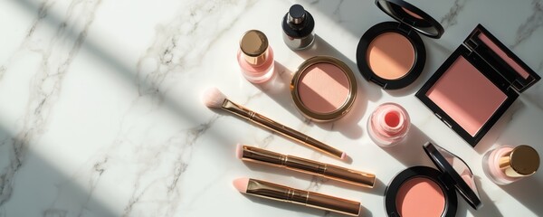Elegant makeup brushes and cosmetics laid out on a marble surface, featuring powders blush and lip gloss bottles, styled for beauty content creation. Clean makeup arrangement.