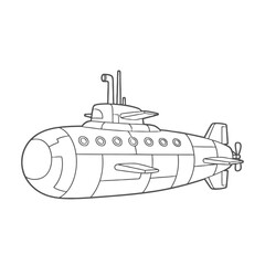 Submarine line art drawing for coloring book.
