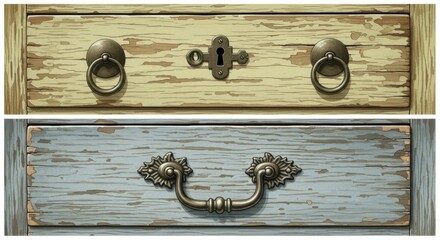 Two vintage drawer fronts antique wood furniture texture background pattern