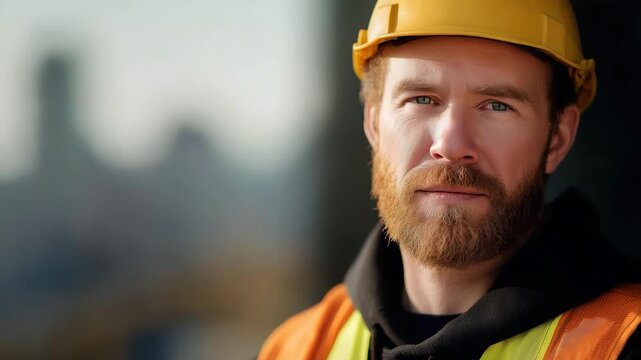 A confident construction worker, featuring safety gear, stands boldly in front of an urban skyline, reflecting the determination and strength of the construction industry.