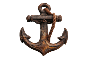 An aged, rust-covered anchor with a rope wrapped around its arm, isolated on a black background