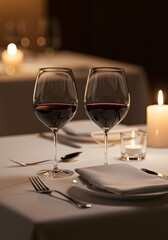 Romantic candlelit dinner setting with two wine glasses, creating a serene ambiance.