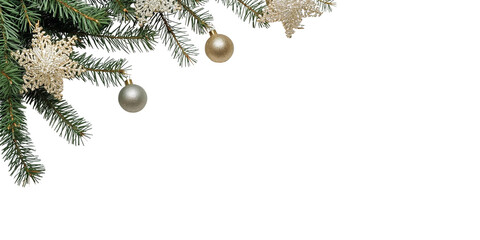 Golden balls and snowflakes on the Christmas tree in the corner isolated on transparent or white background, png