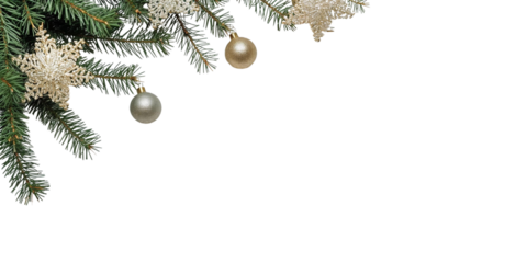 Golden balls and snowflakes on the Christmas tree in the corner isolated on transparent or white background, png