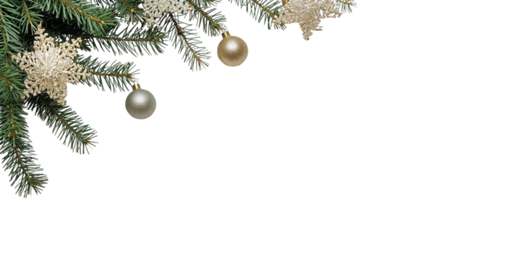 Golden balls and snowflakes on the Christmas tree in the corner isolated on transparent or white background, png