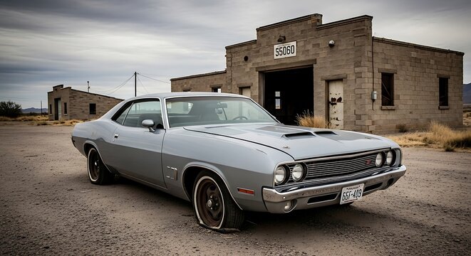 Silver 1971 Plymouth Barracuda parked in front of an old building.