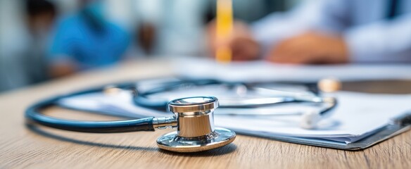 Close-up of a stethoscope on a wooden desk with a medical professional and paperwork in the background