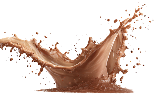 A chocolate-colored liquid splashes upward, creating an artistic crown shape, against a black background