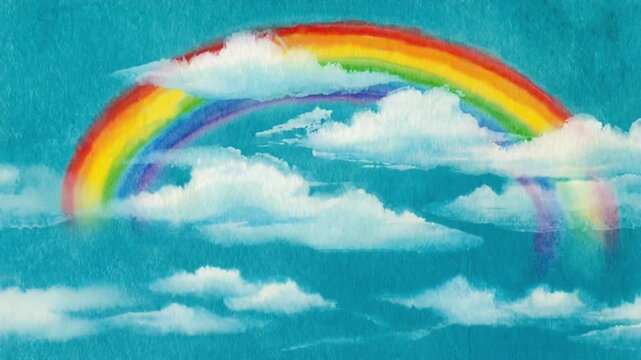 Celestial rainbows arching over fluffy clouds