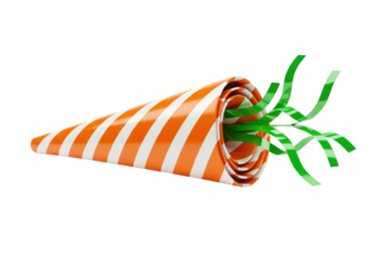 Orange and white striped party popper with green streamers isolated PNG, festive celebration noisemaker for birthday or New Year s Eve