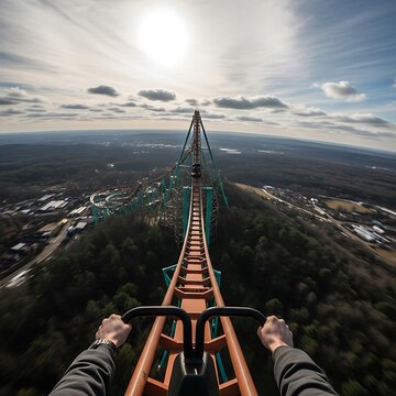 First-person view of a thrilling roller coaster ride with a clear sky.