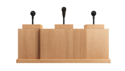 A light wood podium with three attached microphones, ready for speeches or presentations