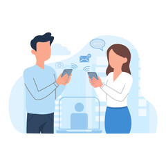 Man and woman using smartphones to communicate and connect online, with wireless signals and social media icons, illustrating digital communication and modern lifestyle.
