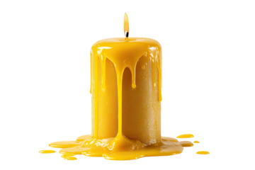 A yellow, thick candle is burning with wax dripping down a black background