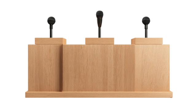 A light wood podium with three attached microphones, ready for speeches or presentations