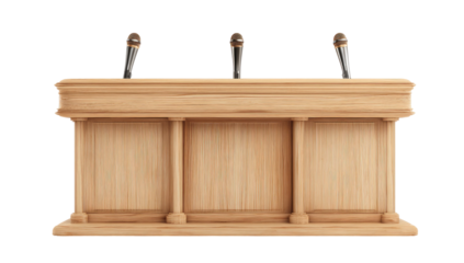 A wooden podium with three microphones, designed for speeches, conferences, and presentations