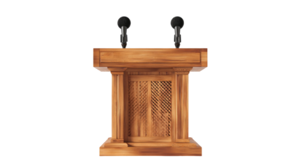Wooden podium with two microphones ready for a speaker; ideal for speeches or presentations
