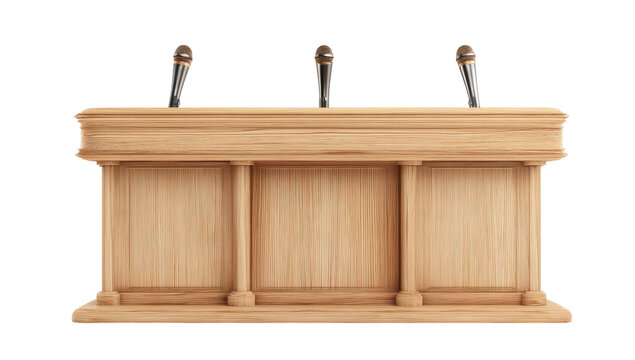 A wooden podium with three microphones, designed for speeches, conferences, and presentations