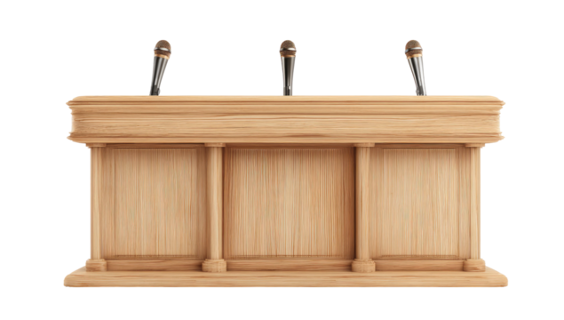 A wooden podium with three microphones, designed for speeches, conferences, and presentations