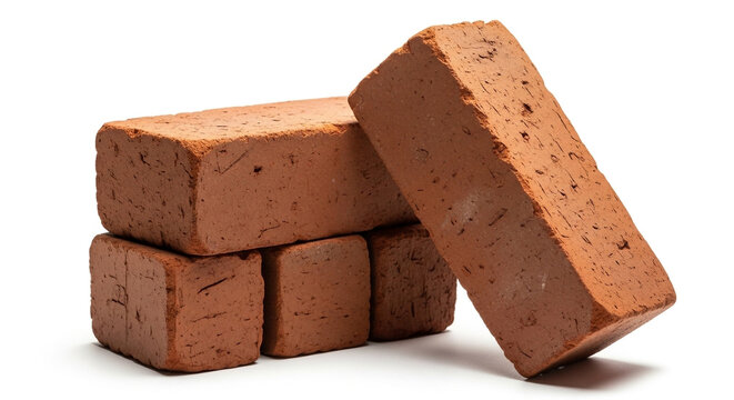 Stack of red clay bricks isolated on white background