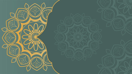 Beautiful Islamic floral background with golden mandala pattern on green backdrop. Ideal for invitations, posters, greeting cards, covers and festive celebration themes