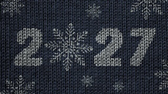 nitted animation year change 2026 to 2027. Number five falls down and number six appears, transforming year into 2026. Cozy winter holiday New Year Christmas knitted style festive animation design.