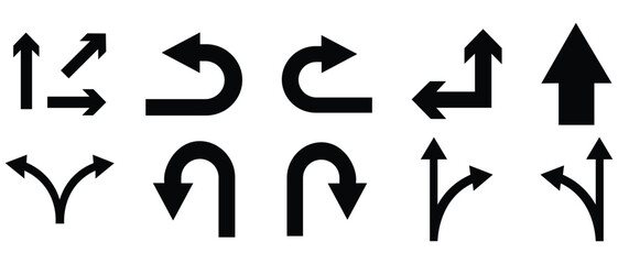 Set of different directions arrow icon set. Contains icons such as bended, turning, zig-zag, crossroads arrow sign. Modern simple arrows for web design. Vector illustration. 