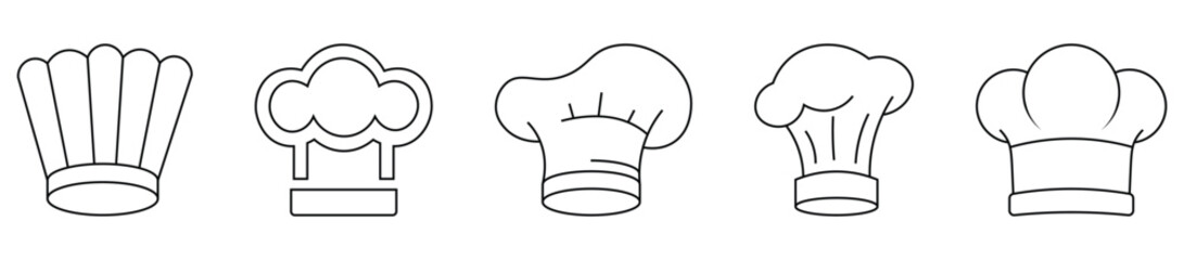 Chef hat icon thin line outline set. Chef hats icons in different shapes. Restaurant sign and symbol. Restaurant uniform, chef profession mascot. Vector illustration.