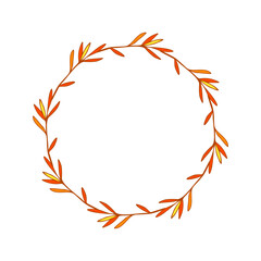 Doodle twigs with thin leaves in autumn wreath, shades of red. Minimalistic colored sketch