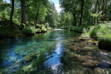 Clear river flows through lush green forest under bright sunlight in summer