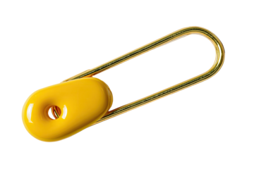 A yellow and gold safety pin rendered against a stark black background, displaying detail and shine