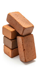 Stack of red clay bricks isolated on white background