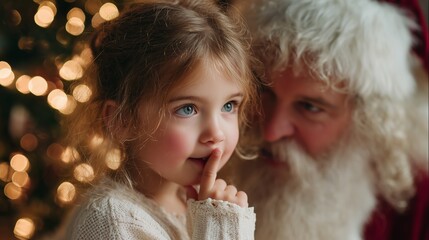 Young girl with Santa Claus sharing a secret during the holiday season
