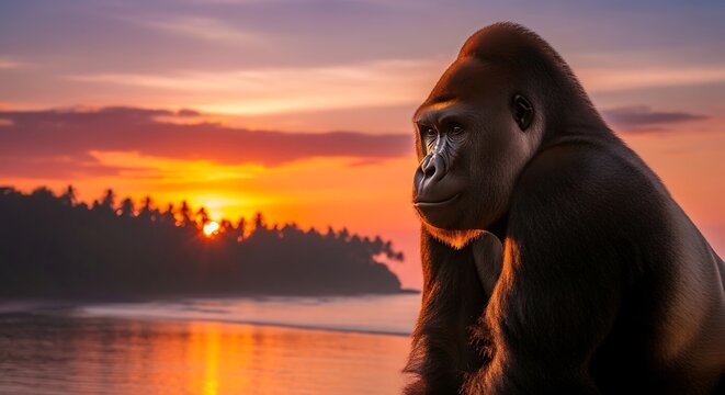 Majestic Gorilla Silhouetted Against a Vibrant Sunset Over a Tropical Beach.