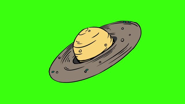 Cartoon planet with rings on a green screen background.