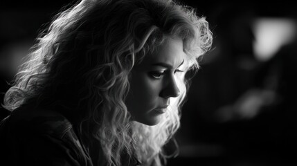Woman with curly hair in profile portrait black and white photography