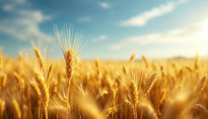 Golden wheat field swaying gently under a bright sky, perfect for showcasing agriculture, food production, or the beauty of nature's bounty