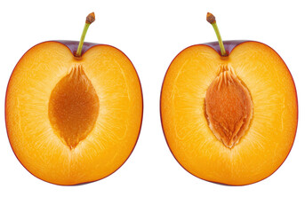 Two plum halves isolated on transparent background, fresh fruit cut in half with pit, healthy...