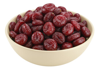 Dried cranberries in a bowl isolated, sweet and tart snack made from dehydrated cranberries, healthy food on no background