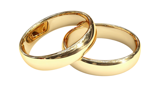 Close-up of two golden wedding bands intertwined, symbolizing eternal love and commitment
