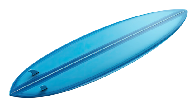 A turquoise surfboard, seen from above, has two fins and a lengthwise stripe detail