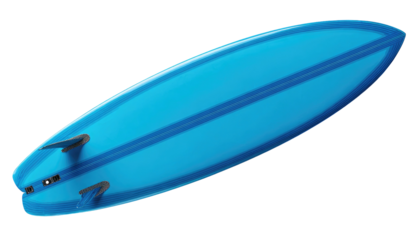 A clear, cyan-colored surfboard with fins set against a dark background, ready for the ocean
