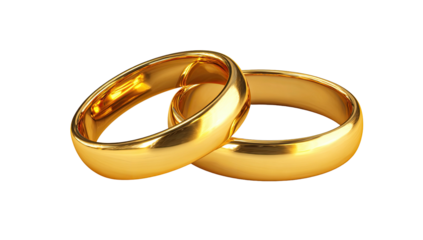 Two gleaming, yellow-gold wedding rings overlapping on a plain black background