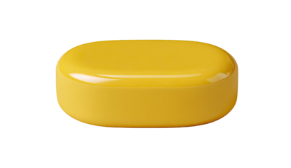 A close-up view of a rounded rectangular solid in a vibrant yellow hue against a stark black backdrop